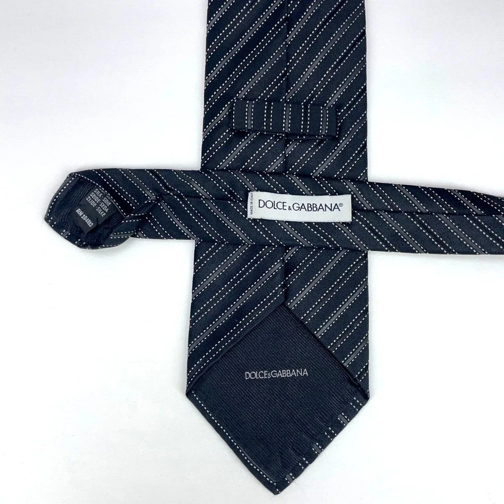 DOLCE & GABBANA Black & Gray Diagonal Striped 100% Silk Necktie Made in Italy
